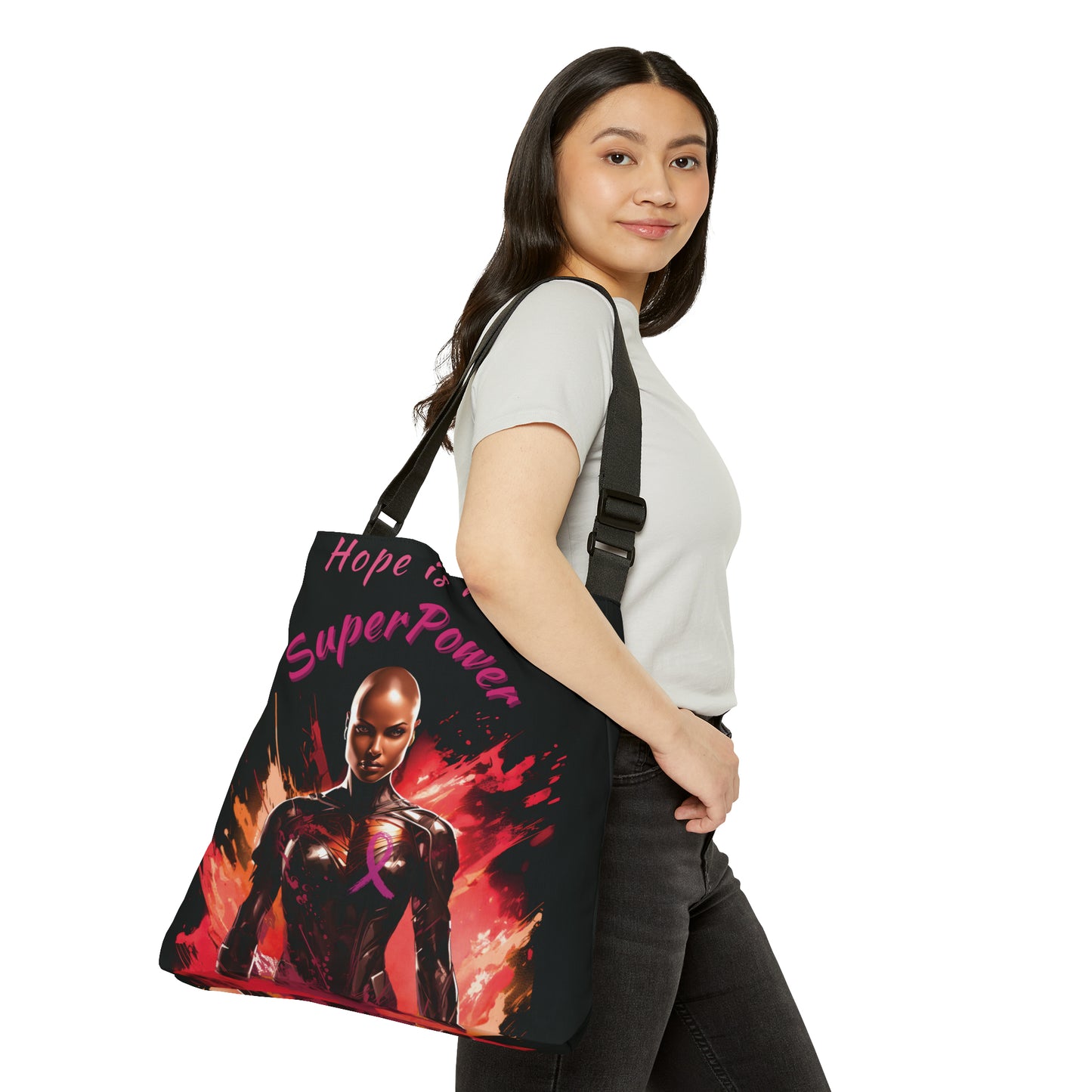 Get your hands on the powerful 'Hope is My SuperPower Adjustable Tote Bag (AOP) with zipper' and carry your essentials with style and confidence!