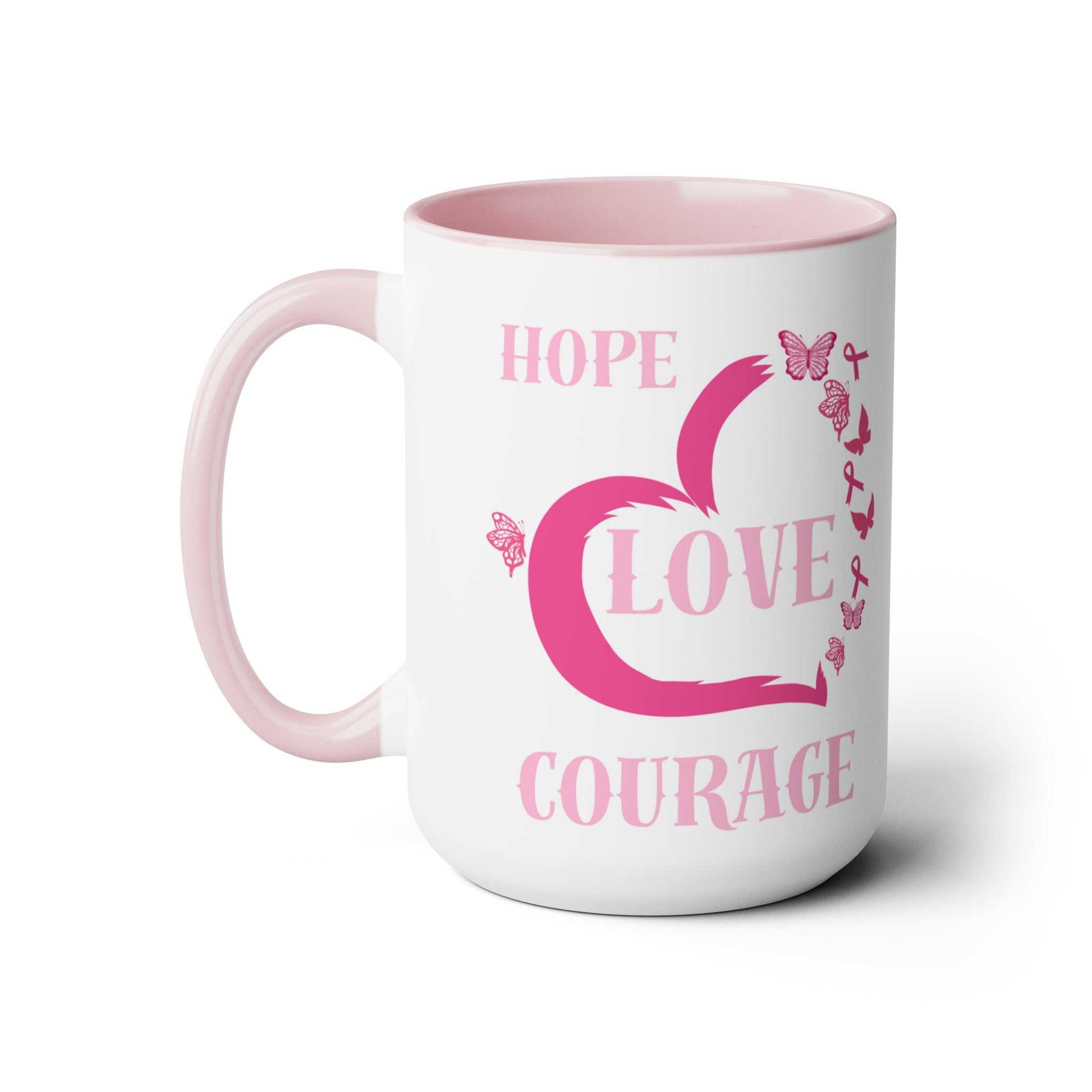 Hope, Love, CourageTwo-Tone Coffee Mugs, 15oz Breast Cancer Awareness Mug Good Vibes Daily Lab 25
